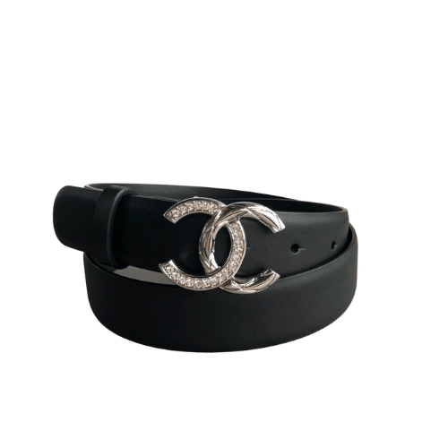 CHANEL PEARL AND LEATHER  SILVER TONE METAL BLACK 3CM