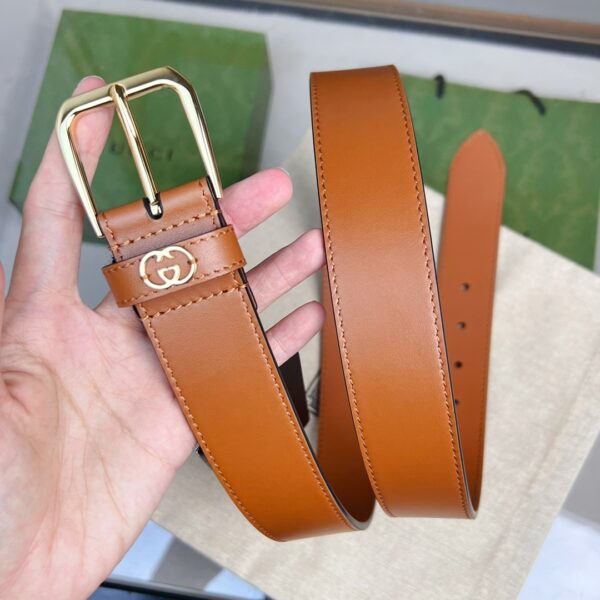 GUCCI BROWN BELT WITH SQUARE BUCKLE AND INTERLOCKING G GOLD MEATL 35MM - Image 3