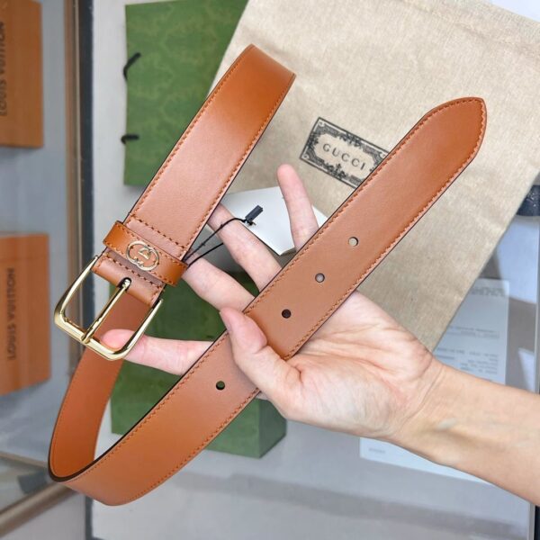 GUCCI BROWN BELT WITH SQUARE BUCKLE AND INTERLOCKING G GOLD MEATL 35MM - Image 2