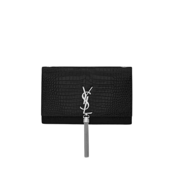 SAINT LAURENT KATE TASSEL MEDIUM CROCODILE EMBOSSED LEATHER BLACK 22CM 354119DND0N1000