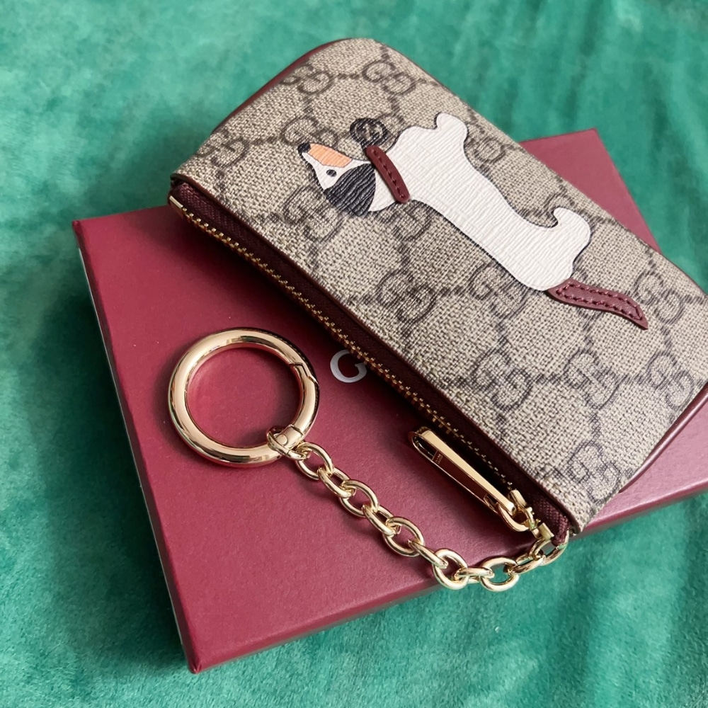 GUCCI KEY CASE WITH GG AND DOG DETAIL BEIGE AND DARK BROWN 12CM - Image 4