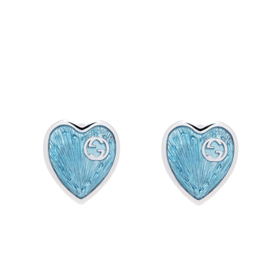 GUCCI HEART EARRINGS WITH INTERLOCKING G LIGHT BLUE ENAMEL SILVER 645547 J8410 8183