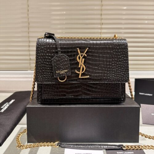 Alternative view of Saint Laurent Sunset Medium In Crocodile Embossed Leather Black 22cm 442906dnd0j1000