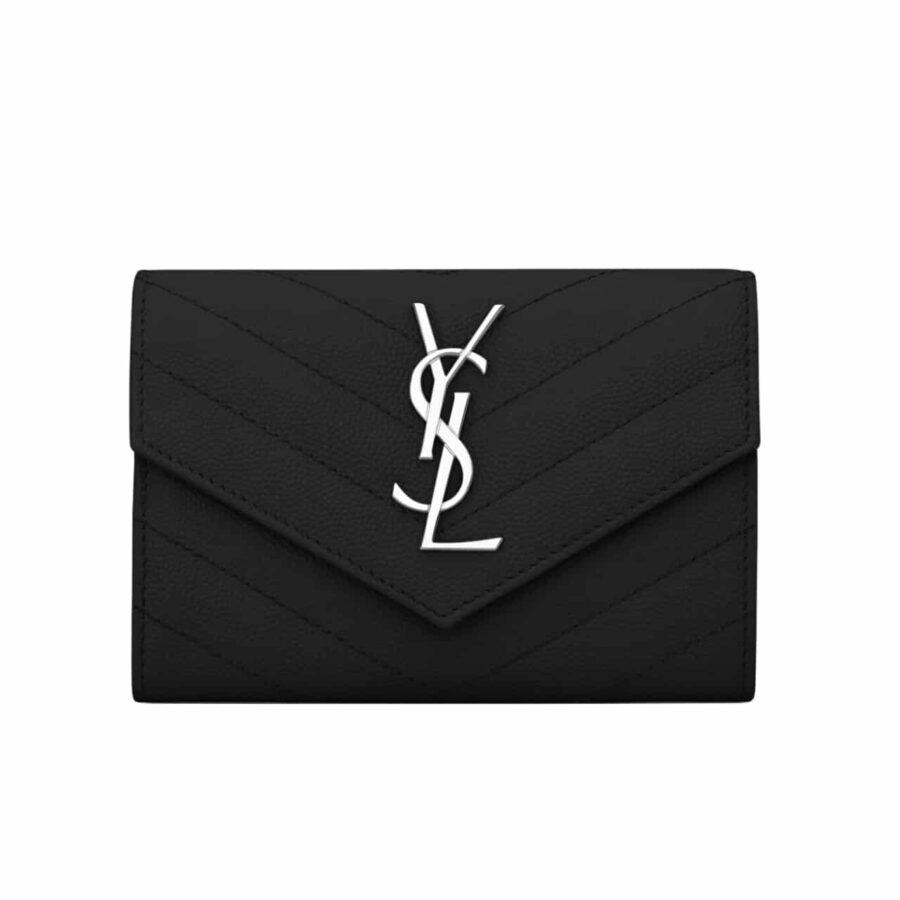 SAINT LAURENT CASSANDRE MATELASSÉ SMALL ENVELOPE WALLET IN GRAIN DE POUDRE LEATHER BLACK 13CM