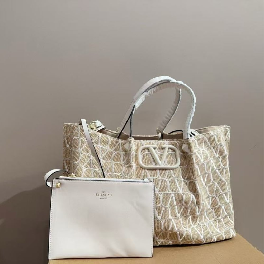 VALENTINO GARAVANI VLOGO EMBROIDERED RAFFIA TOTE BEIGE 35CM - Image 2