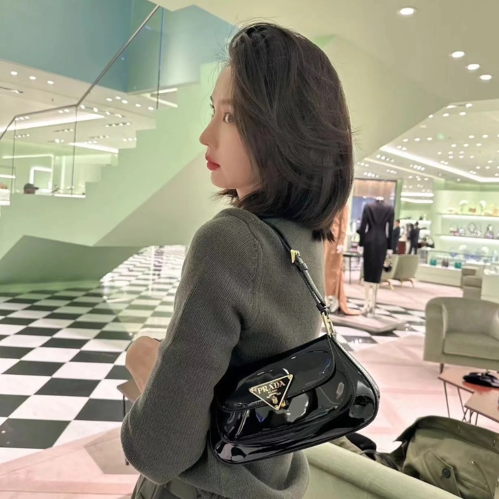 PRADA CLEO BAG IN BRUSHED LEATHER WITH TRIANGLE LOGO BLACK 24CM - Image 6