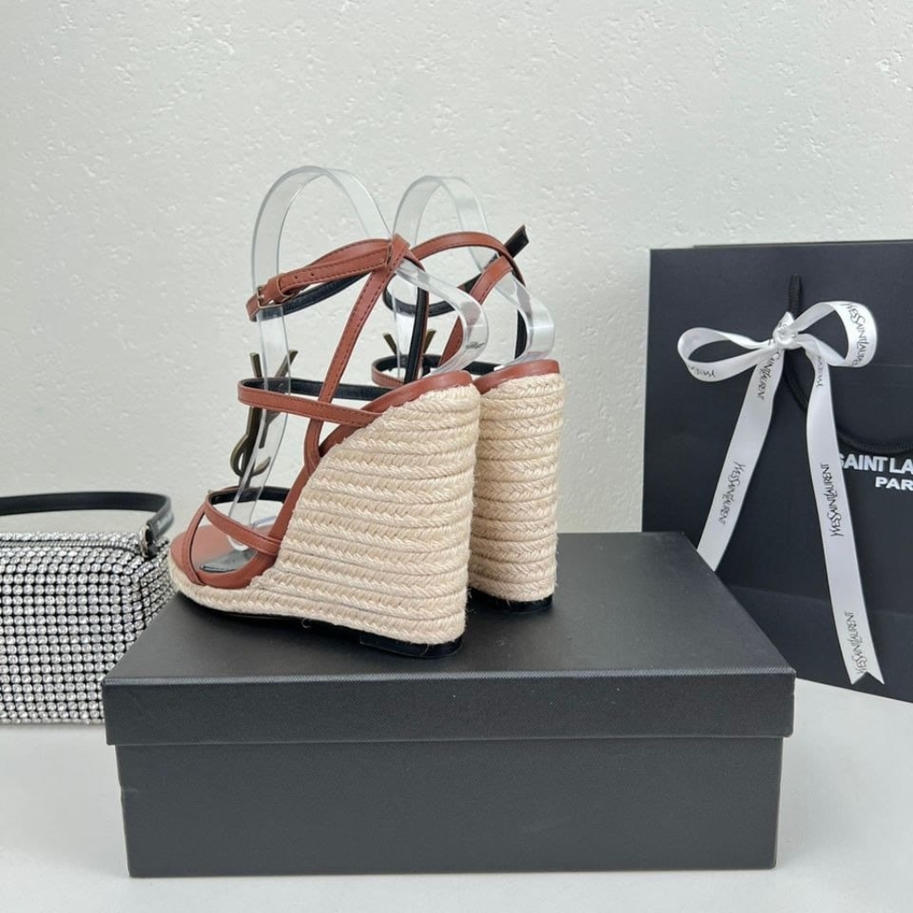 Saint Laurent Cassandra 115 Leather And Raffia Wedge Sandals Brown - Image 3