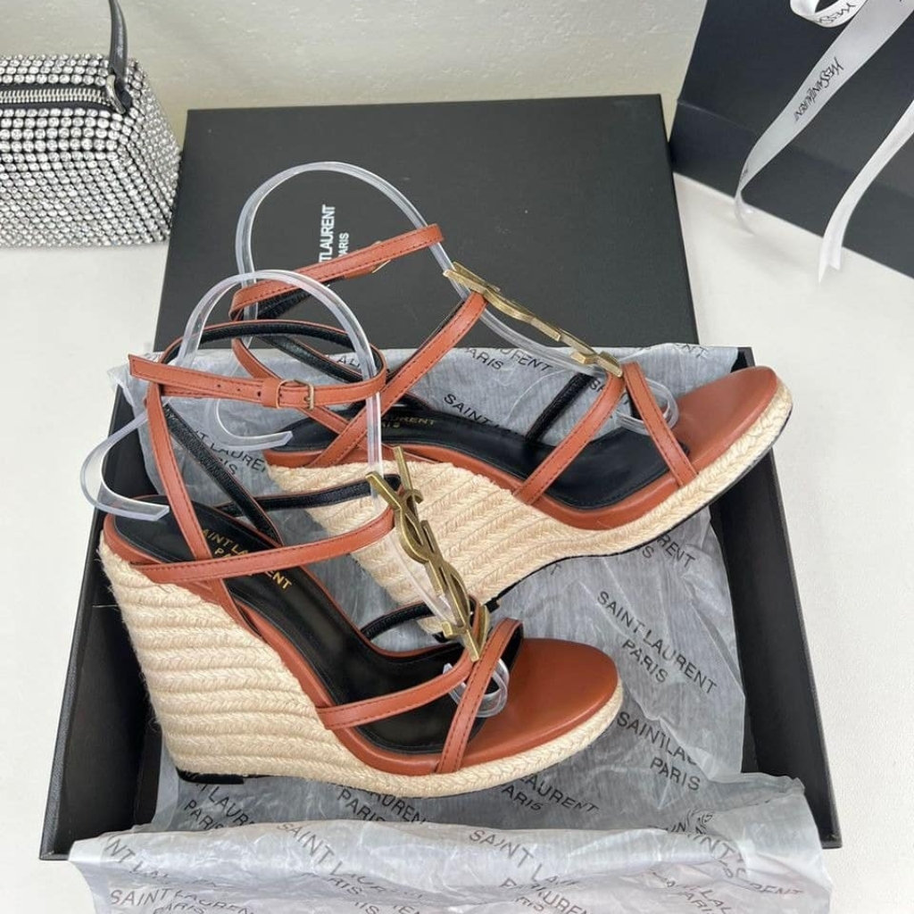 Saint Laurent Cassandra 115 Leather And Raffia Wedge Sandals Brown - Image 5