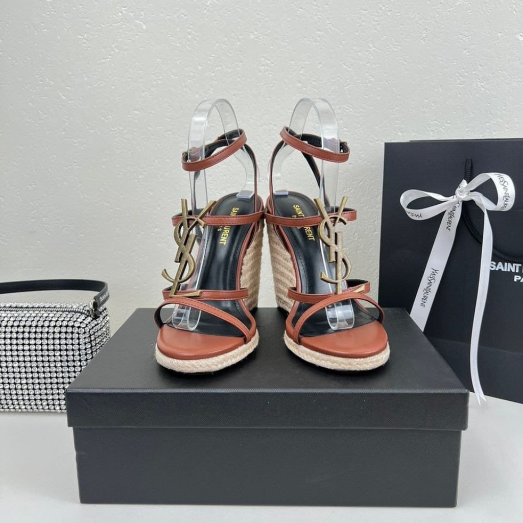 Saint Laurent Cassandra 115 Leather And Raffia Wedge Sandals Brown - Image 6