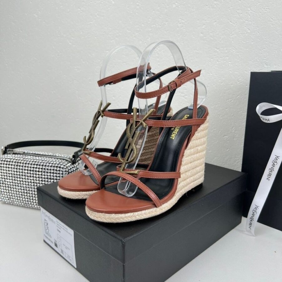 Alternative view of Saint Laurent Cassandra 115 Leather And Raffia Wedge Sandals Brown