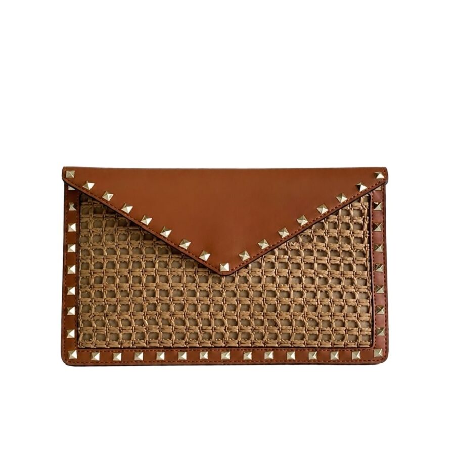 Valentino Garavani Rockstud Raffia Clutch Bag In Brown 28cm