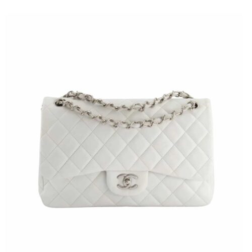 Chanel Classic Double Flap Bag White Silver Hardware 25cm
