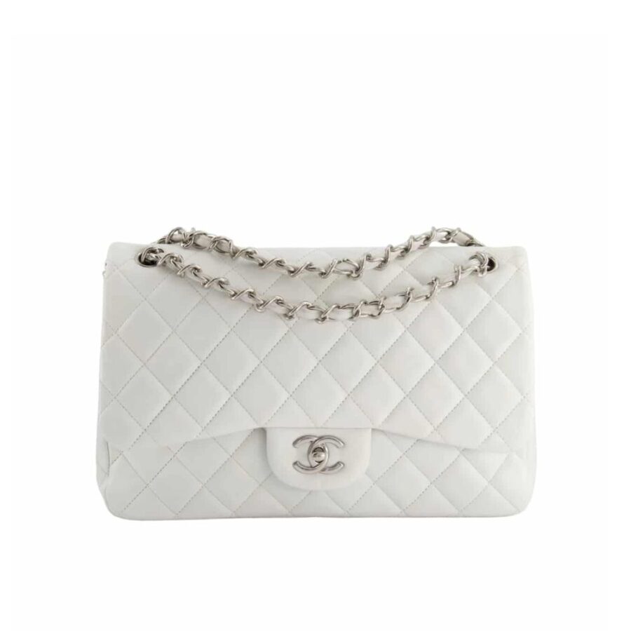 Chanel Classic Double Flap Bag White Silver Hardware 25cm