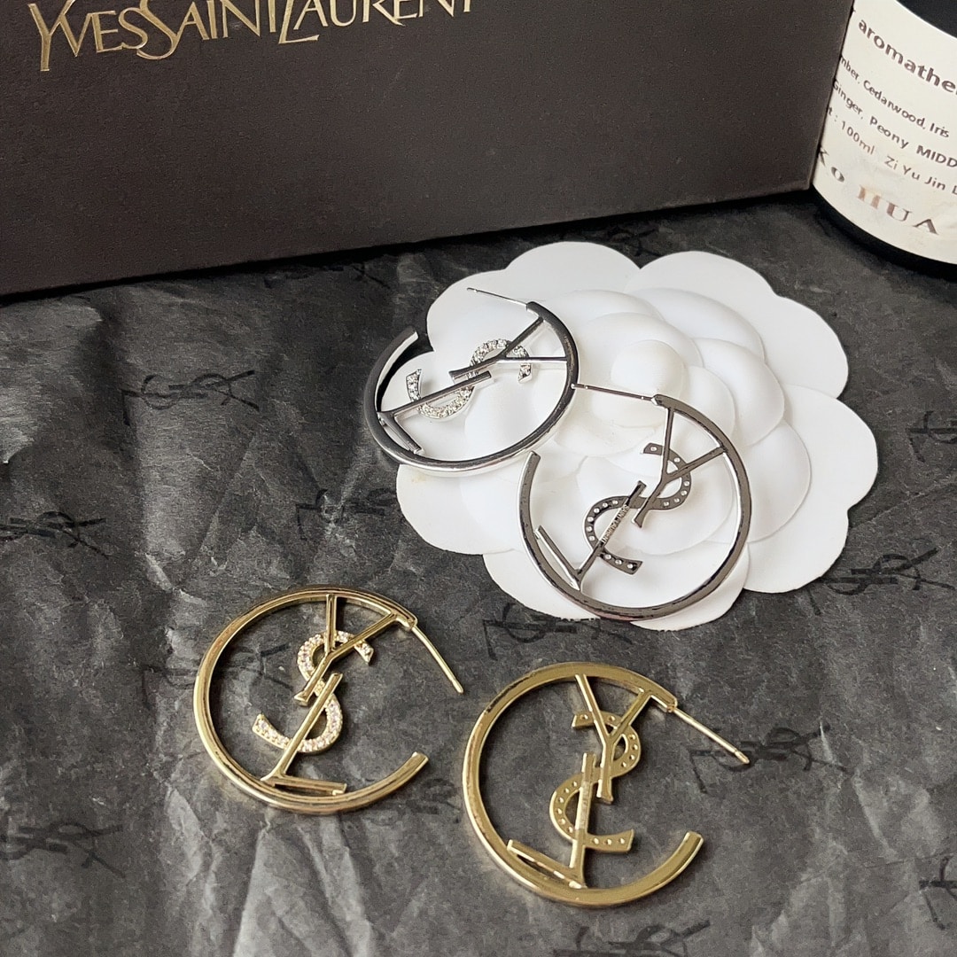 SAINT LAURENT YSL HOOP EARRINGS WITH CRYSTAL SILVER TONE - Image 5