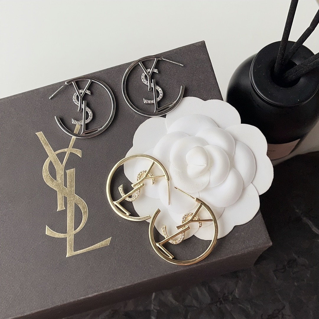 SAINT LAURENT YSL HOOP EARRINGS WITH CRYSTAL SILVER TONE - Image 4