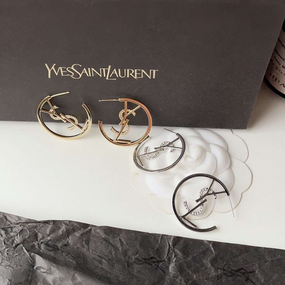 SAINT LAURENT YSL HOOP EARRINGS WITH CRYSTAL SILVER TONE - Image 3