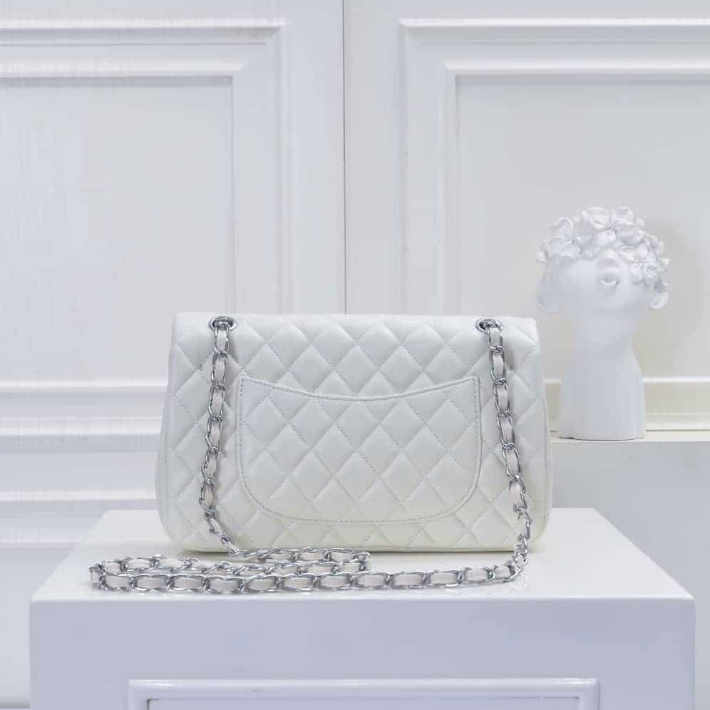 CHANEL CLASSIC DOUBLE FLAP BAG WHITE SILVER HARDWARE 25CM - Image 3