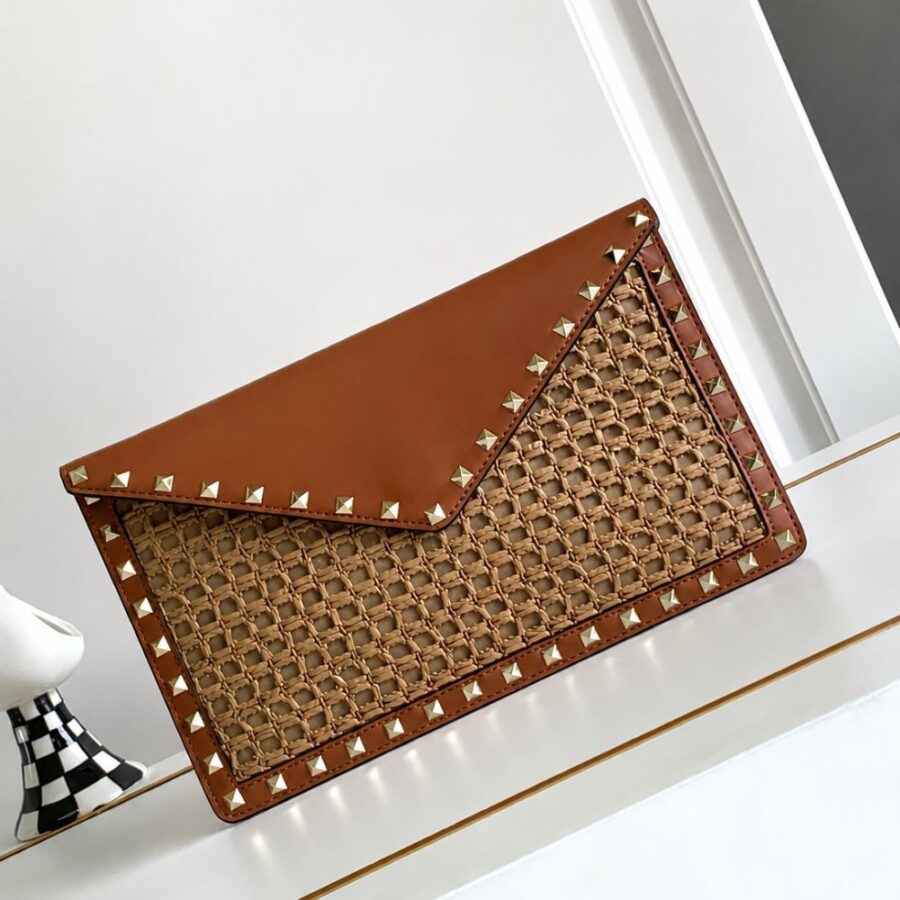 Alternative view of Valentino Garavani Rockstud Raffia Clutch Bag In Brown 28cm