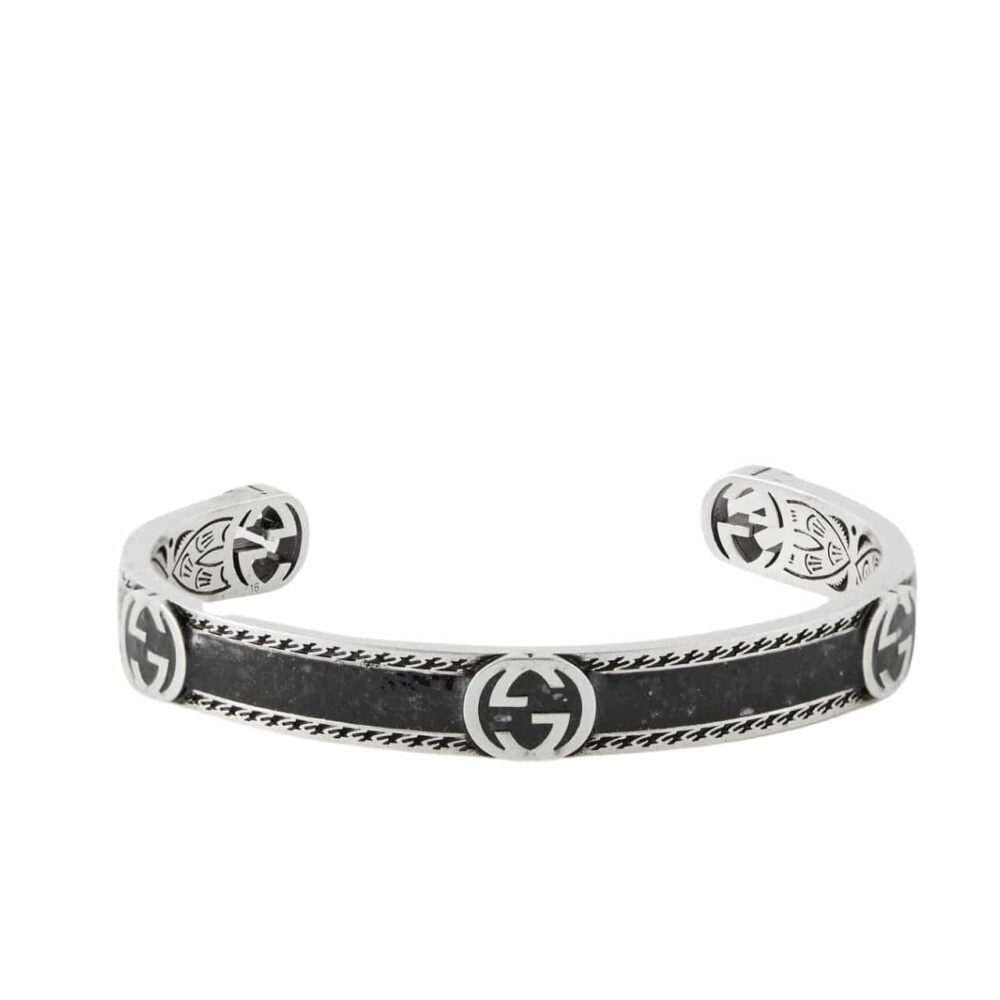 GUCCI CUFF BRACELET INTERLOCKING GG STERLING SILVER BLACK ENAMEL
