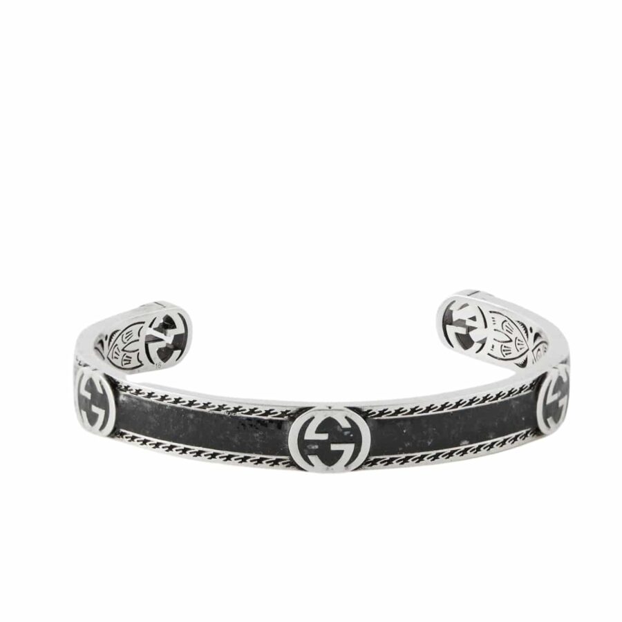 GUCCI CUFF BRACELET INTERLOCKING GG STERLING SILVER BLACK ENAMEL