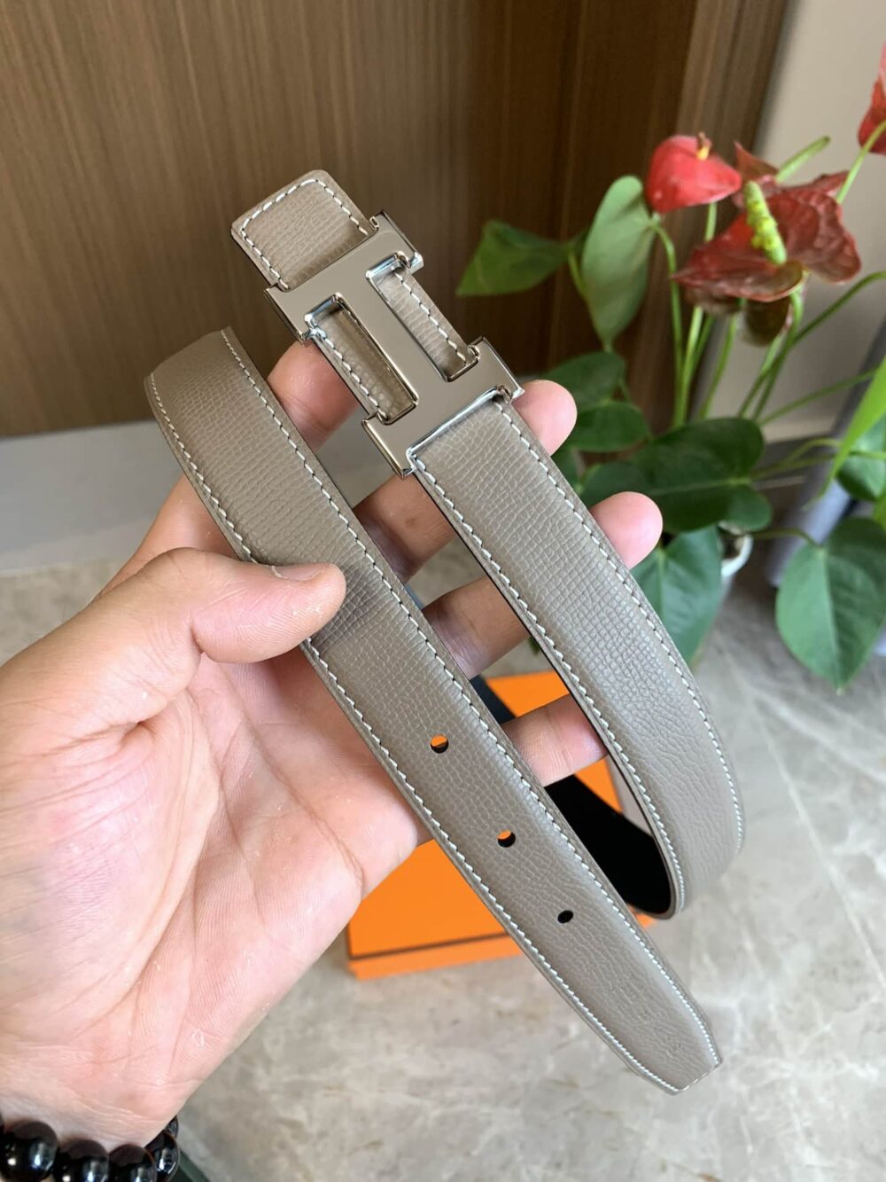 HERMES MINI H BELT BUCKLE AND REVERSIBLE LEATHER STRAP SILVER GREY 24MM H079645CK05 - Image 3