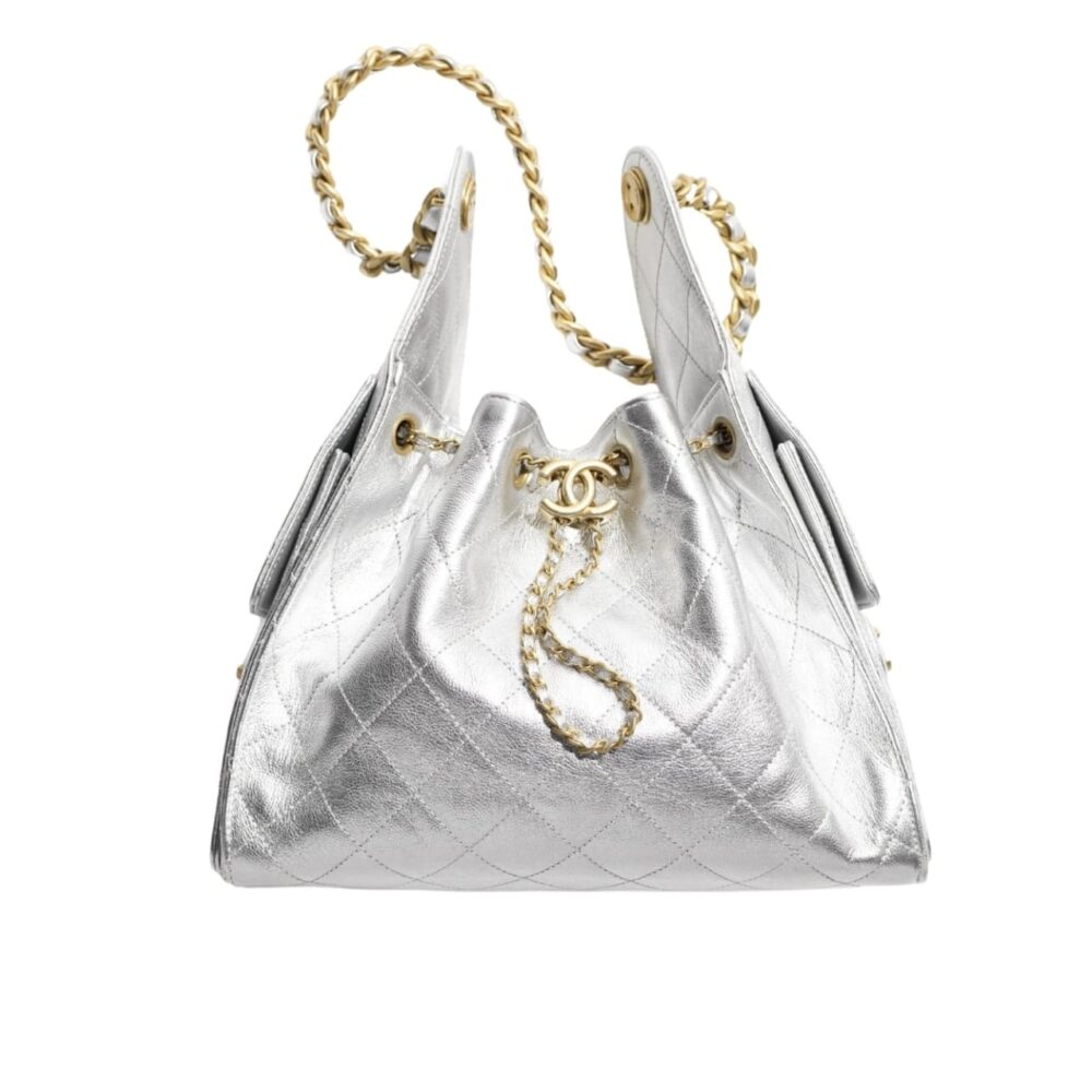CHANEL 25 SMALL HANDBAG METALLIC GRAINED AND GOLD TONE METAL SILVER 26CM AS5293 B20405 NZV67