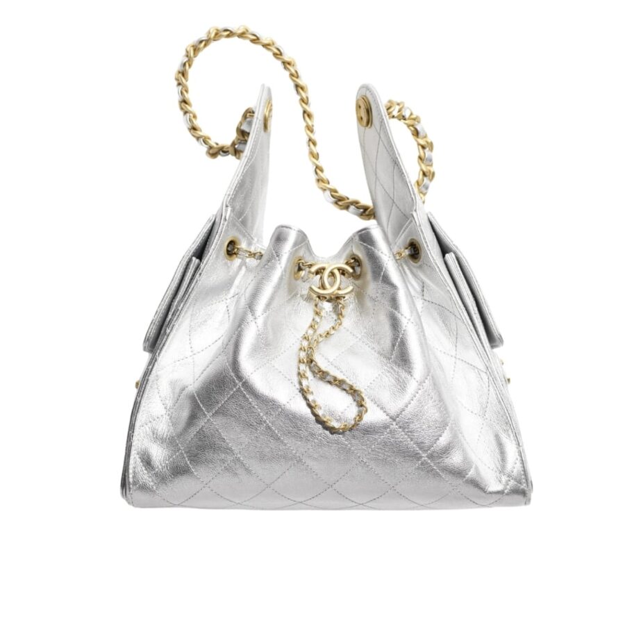 CHANEL 25 SMALL HANDBAG METALLIC GRAINED AND GOLD TONE METAL SILVER 26CM AS5293 B20405 NZV67