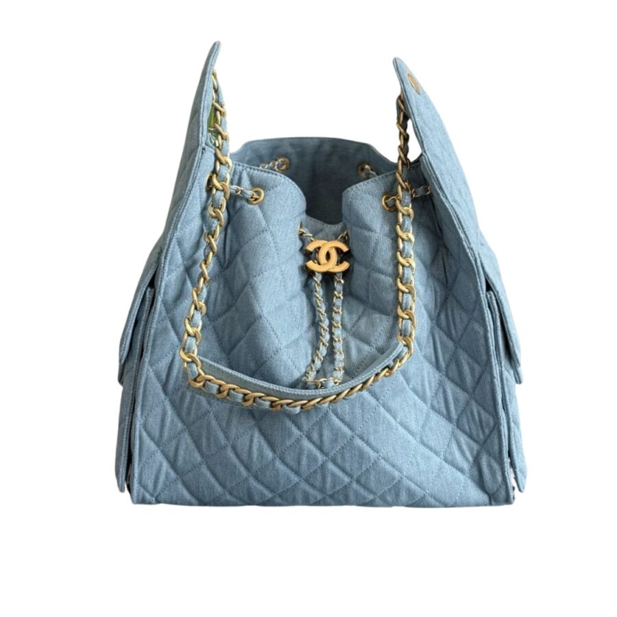 CHANEL 25 MEDIUM HANDBAG WASHED DENIM BLUE AND GOLD TONE METAL 35CM AS5311 B20603 U0475