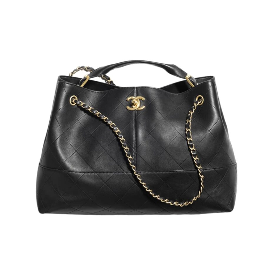 CHANEL SHOPPING BAG GOLD TONE MENTAL BLACK 36CM AS5657 B20829 94305