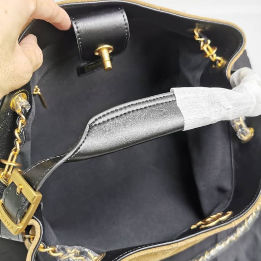 Chanel Shopping Bag Suede Leather Gold Tone Mental Beige And Black 36cm AS5657 B20827 U1536 - Image 6