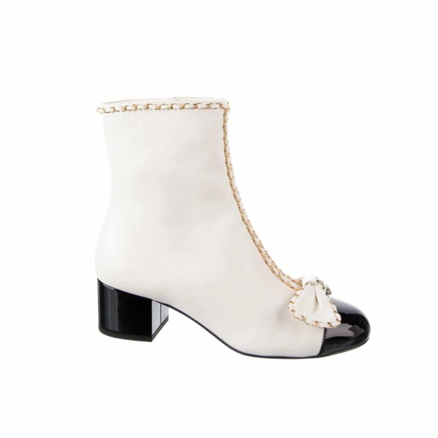 CHANEL RIBBON CHAIN BOOTS WHITE