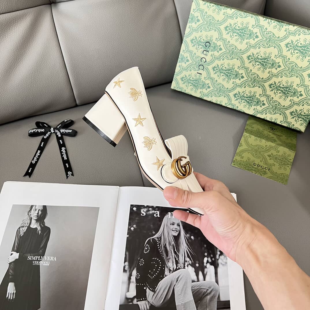 GUCCI MARMONT EMBROIDERED LEATHER MID HEEL PUMP BEE STAR WHITE 551548 D3V00 9022 - Image 4