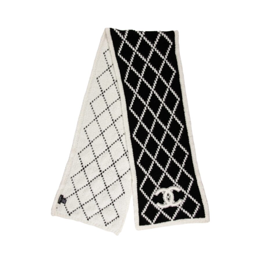 CHANEL CASHMERE SILK QUILTED CC SCARF BLACK WHITE 195CM