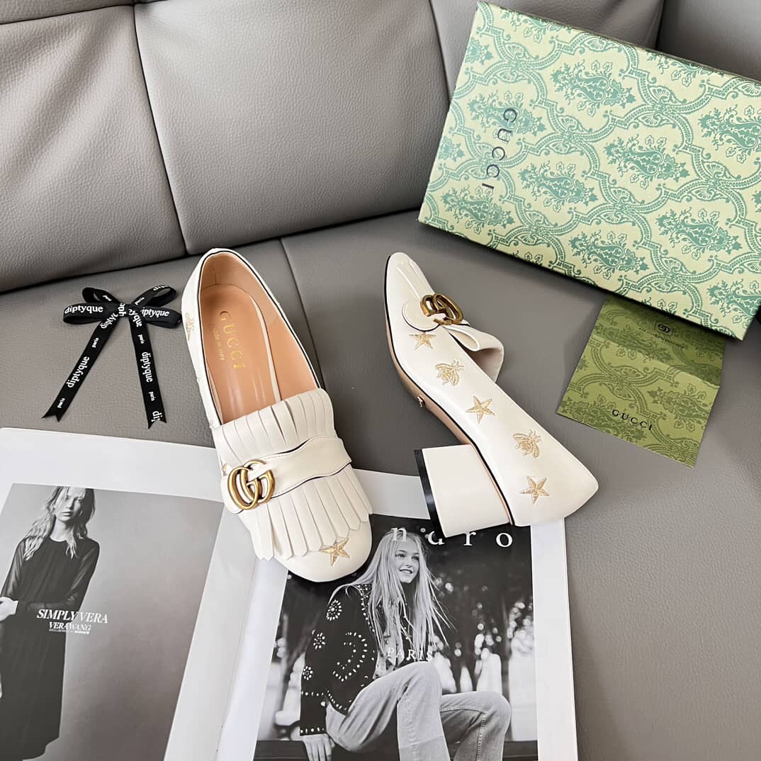 GUCCI MARMONT EMBROIDERED LEATHER MID HEEL PUMP BEE STAR WHITE 551548 D3V00 9022 - Image 3