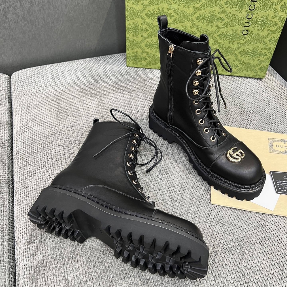 GUCCI WOMEN LACE UP ANKLE BOOT WITH GG BLACK 836050 AADGL 1000 - Image 8