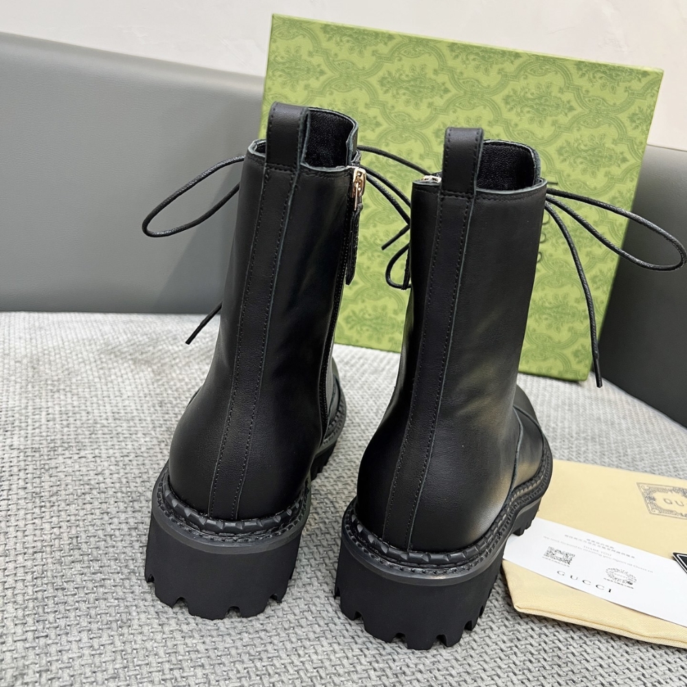 GUCCI WOMEN LACE UP ANKLE BOOT WITH GG BLACK 836050 AADGL 1000 - Image 7