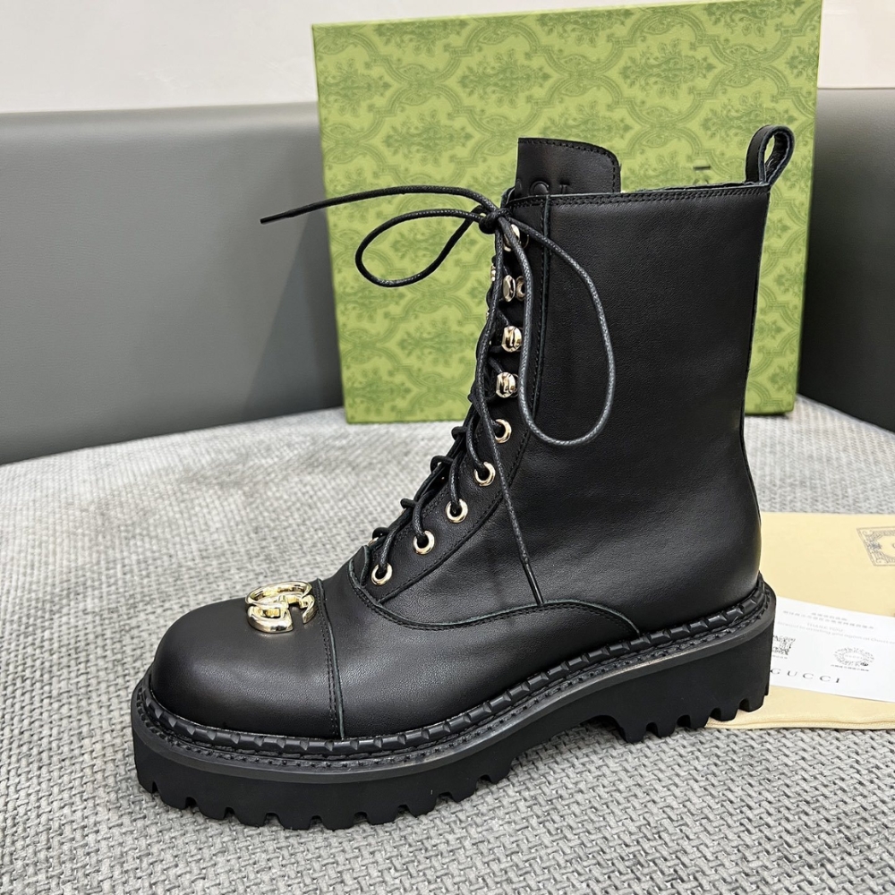 GUCCI WOMEN LACE UP ANKLE BOOT WITH GG BLACK 836050 AADGL 1000 - Image 6