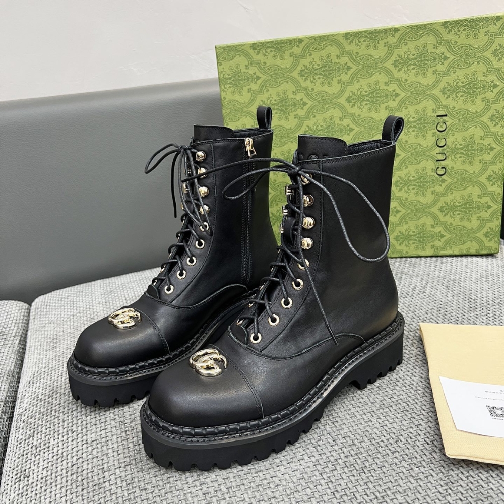 GUCCI WOMEN LACE UP ANKLE BOOT WITH GG BLACK 836050 AADGL 1000 - Image 5