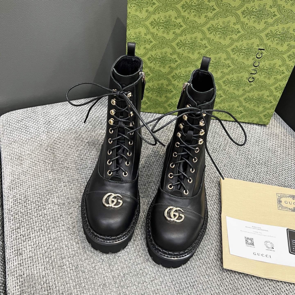 GUCCI WOMEN LACE UP ANKLE BOOT WITH GG BLACK 836050 AADGL 1000 - Image 4