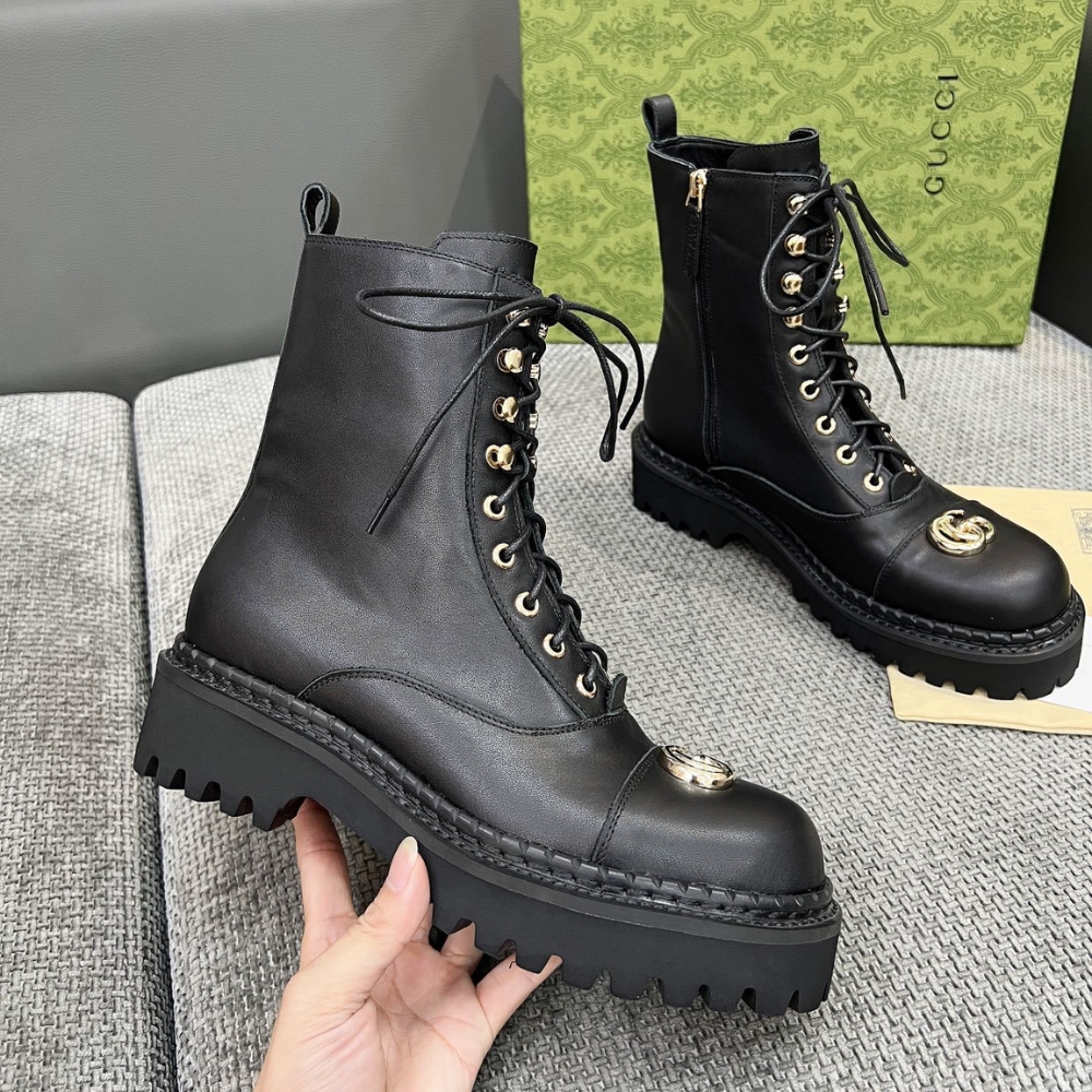 GUCCI WOMEN LACE UP ANKLE BOOT WITH GG BLACK 836050 AADGL 1000 - Image 3