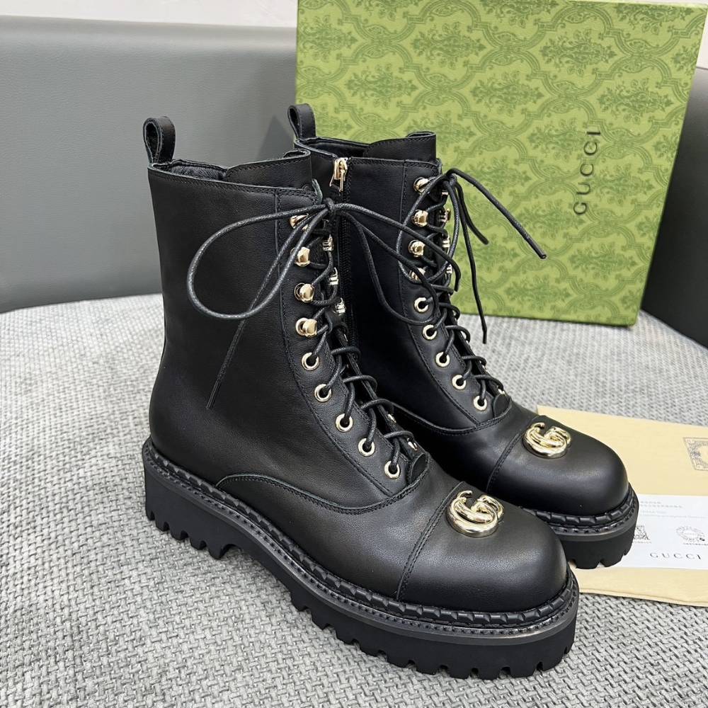 GUCCI WOMEN LACE UP ANKLE BOOT WITH GG BLACK 836050 AADGL 1000 - Image 2