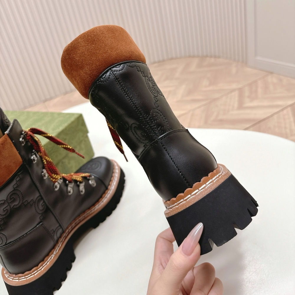 GUCCI WOMEN LACE UP ANKLE BOOT BLACK AND TAN 758284 AACM1 1046 - Image 8