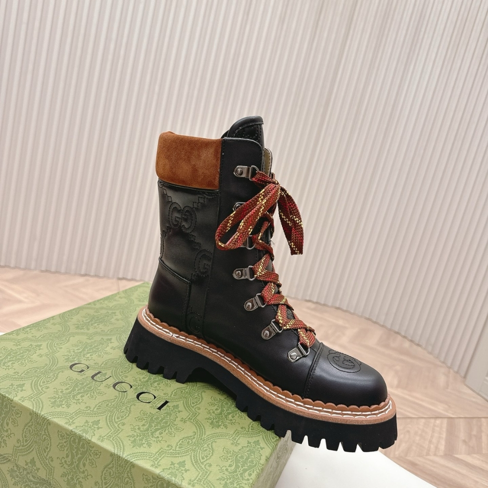 GUCCI WOMEN LACE UP ANKLE BOOT BLACK AND TAN 758284 AACM1 1046 - Image 6