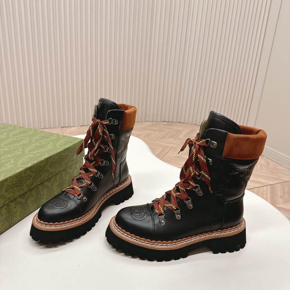 GUCCI WOMEN LACE UP ANKLE BOOT BLACK AND TAN 758284 AACM1 1046 - Image 5