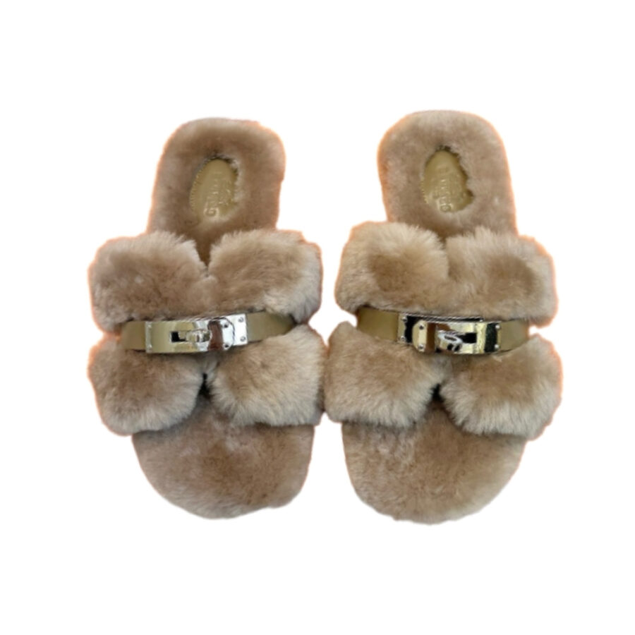 HERMES SHEARLING FUR ORAN SILVER BUCKLE SANDAL BEIGE