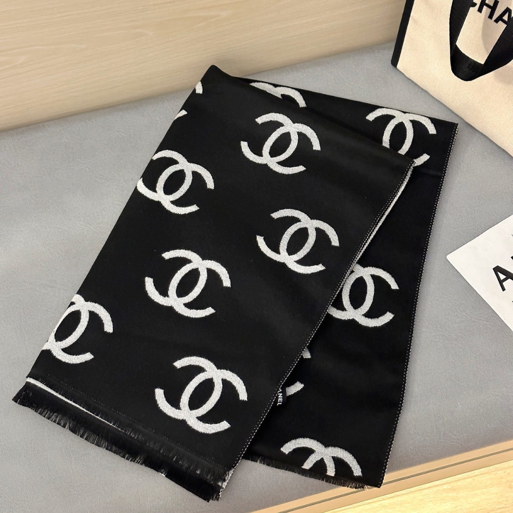 CHANEL WOOL CASHMERE CC SCARF BLACK WHITE 180CM - Image 2