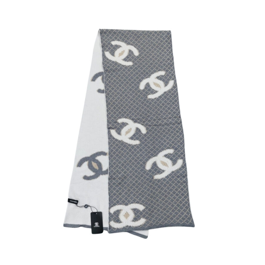 CHANEL SCARF INTERLOCKING CC LOGO GRAY AND WHITE 180CM