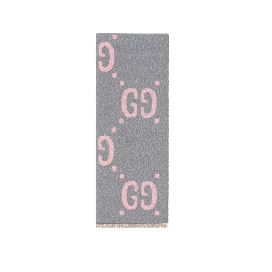 GUCCI GG JACQUARD WOOL SILK SCARF GREY PINK 180CM 558007 3G636 1272G
