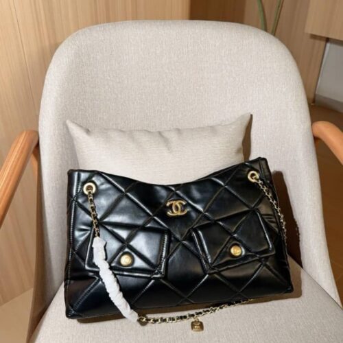 Alternative view of Chanel Shopping Bag Gold Tone Metal Black 38Cm As5740 B22139 94305