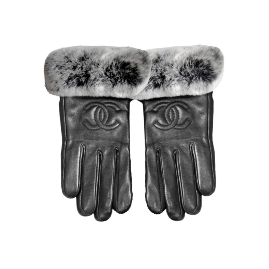 Chanel Cc Leather Rabbit Fur Gloves Black And Gray